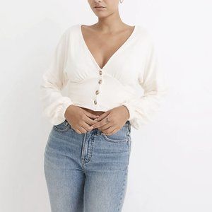 MADEWELL IVORY LONG PUFF SLEEVES DEEP-V BUTTON-FRONT CROP TOP